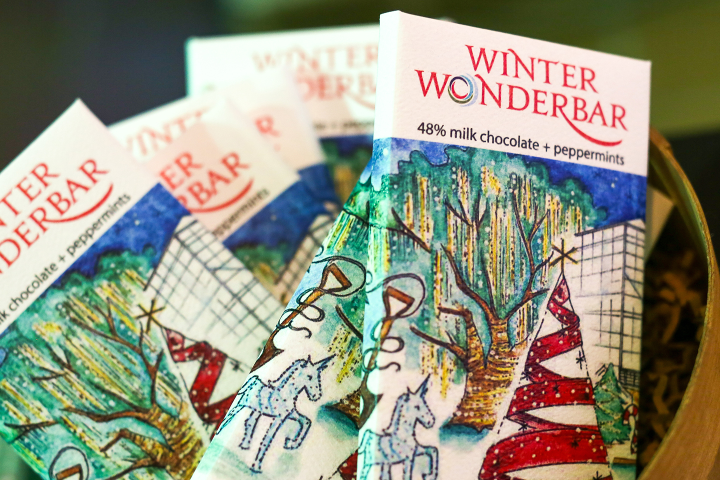 Winter WonderBars, chocolate bars wrapped in festive wrappers