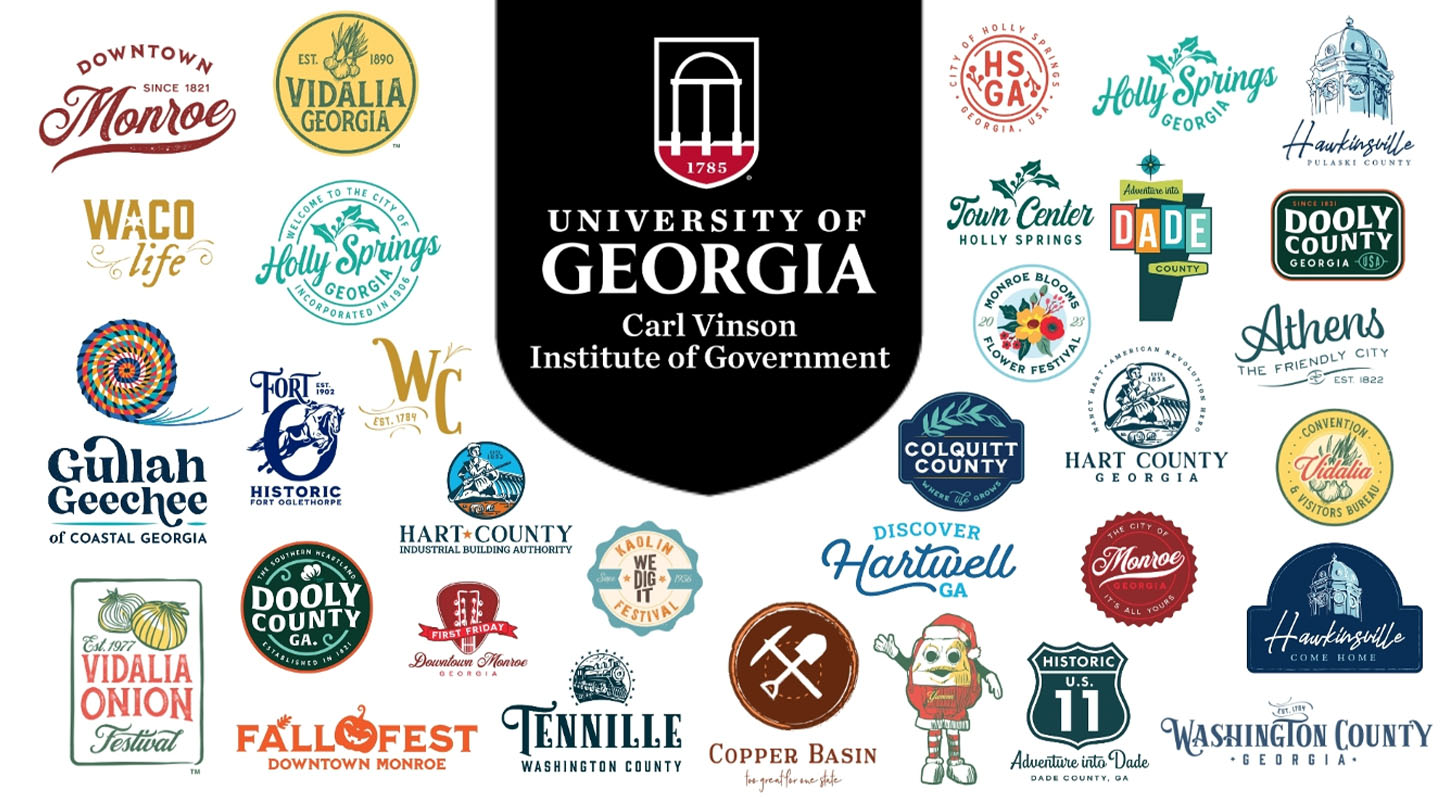 The Carl Vinson Institute of Government logo accompanied by 20+ logos that the community branding team has designed for communities such as Hartwell, Monroe, Washington County, Hawkinsville and more.