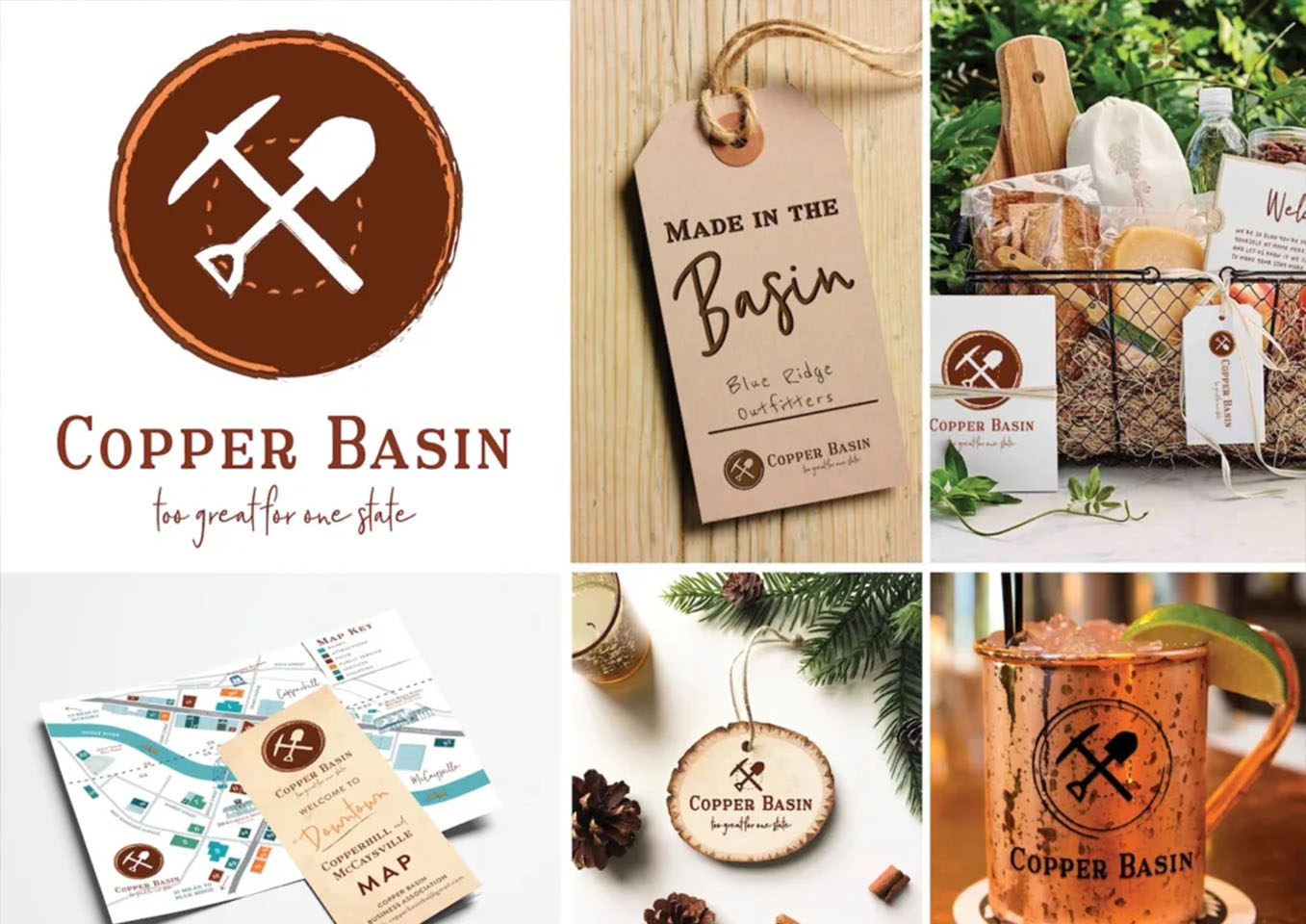 a collage of the Copper Basin logo in use, the tagline reads "Copper Basin, too great for one state" with an intersecting shovel and pickaxe graphic, this logo is shown in a mockup format on a mug, christmas ornament, a map, a gift tag and stationary on a gift basket