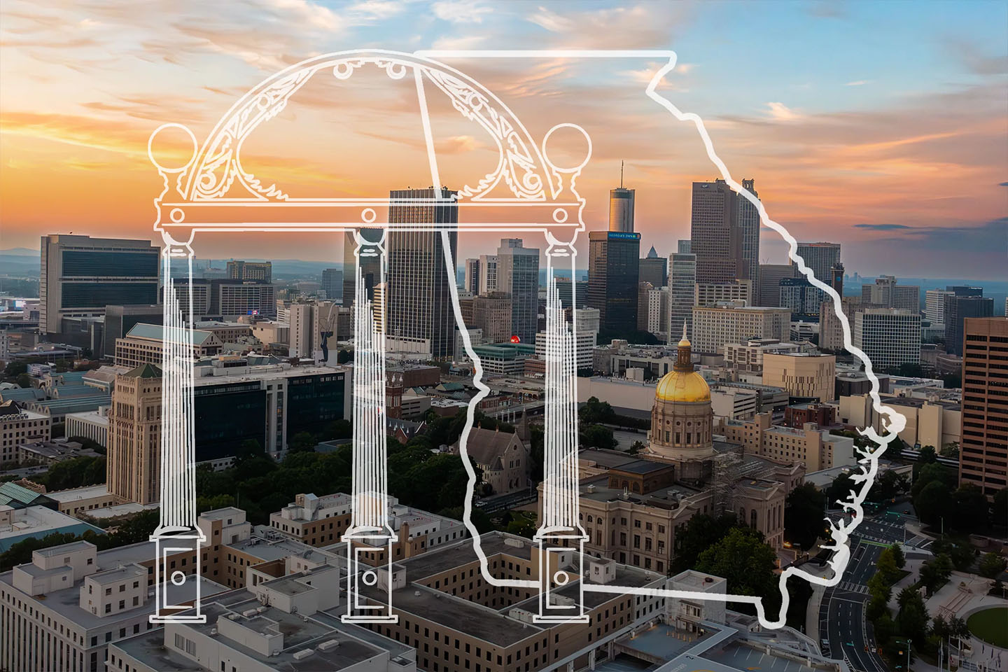 a UGA arch and Georgia outline interlock as a watermark over the Atlanta skyline