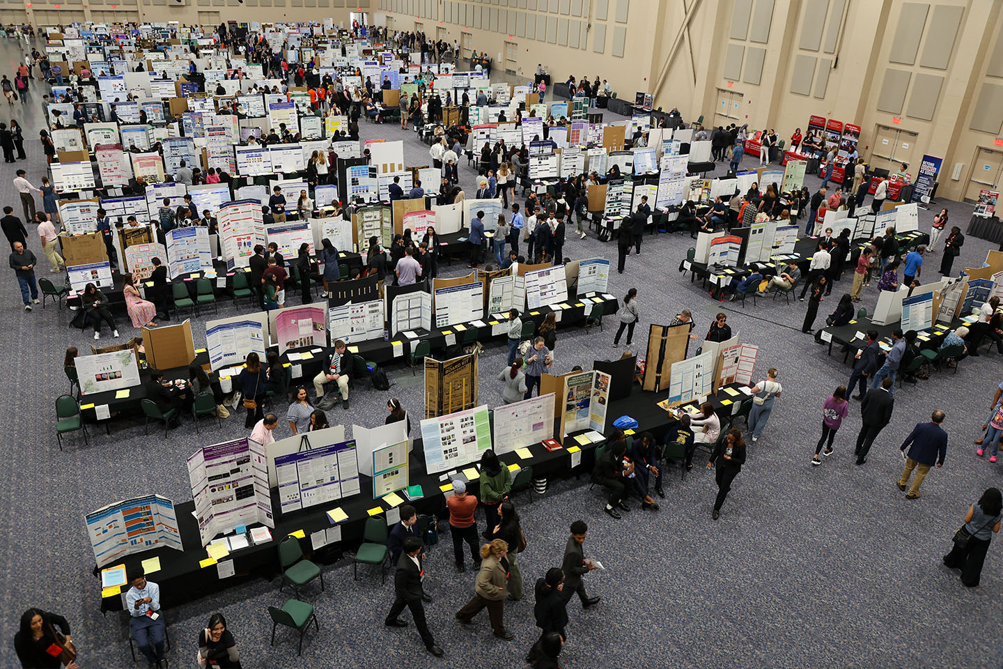 Rows of projects with students presenting to judges, teachers and other visitors.