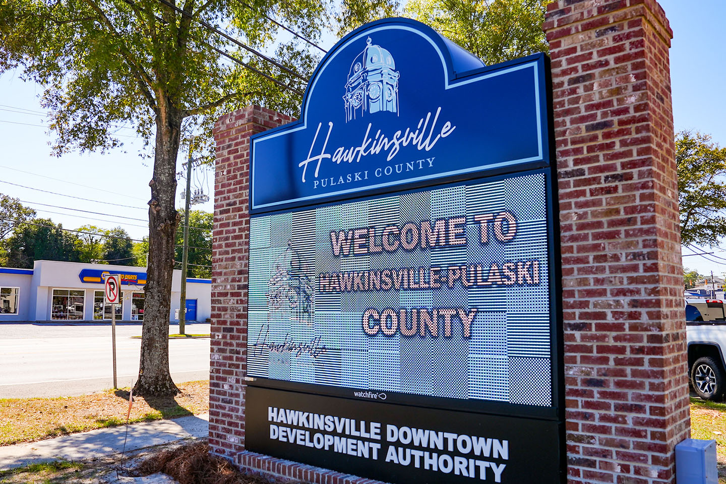 a branded sign that says, "Welcome to Hawkinsville-Pulaski County"