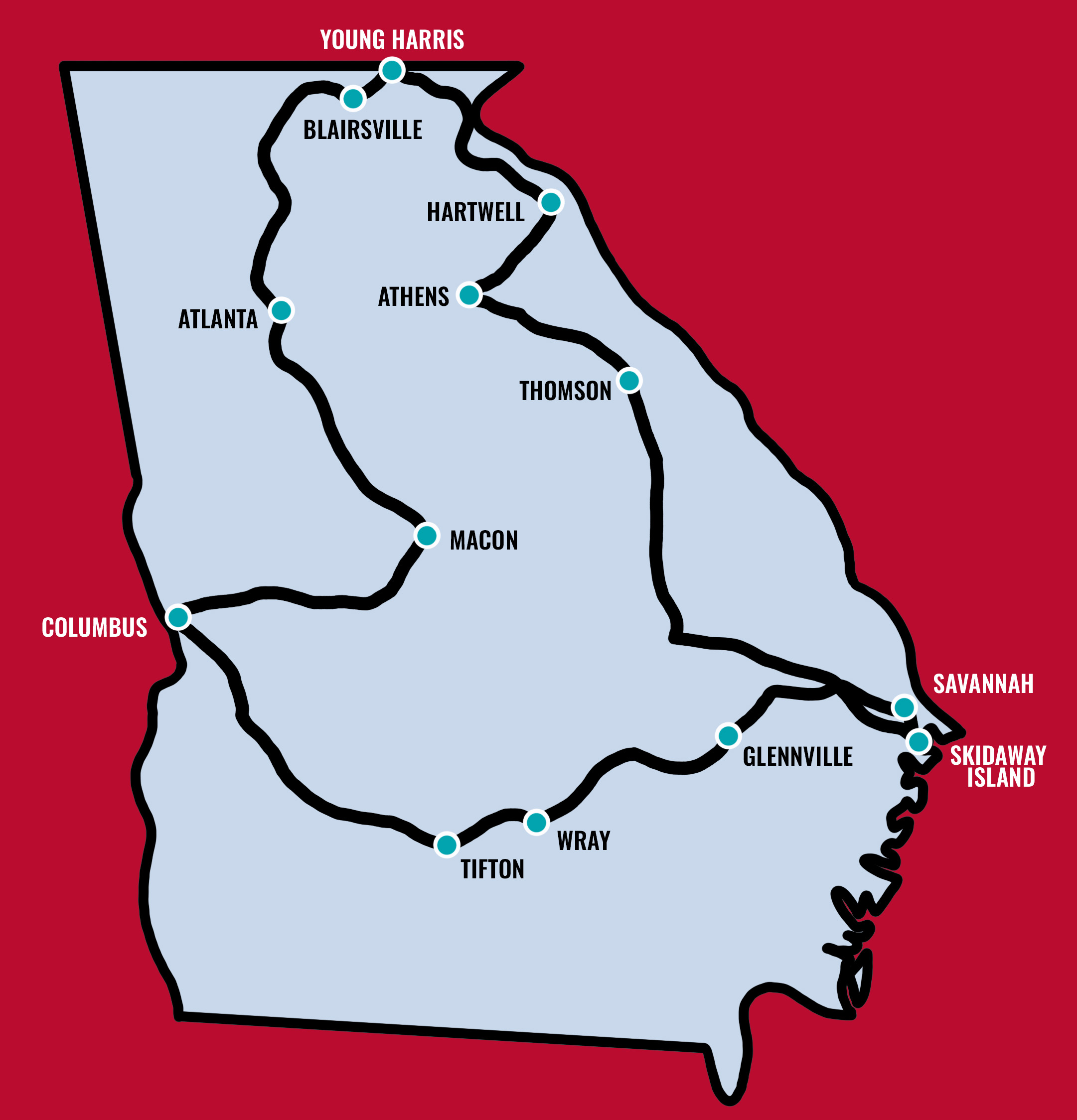 a map of the route of the New Faculty Tour - it goes from Athens towards Savannah, then west to Columbus, north to Young Harris and back to Athens with stops in between